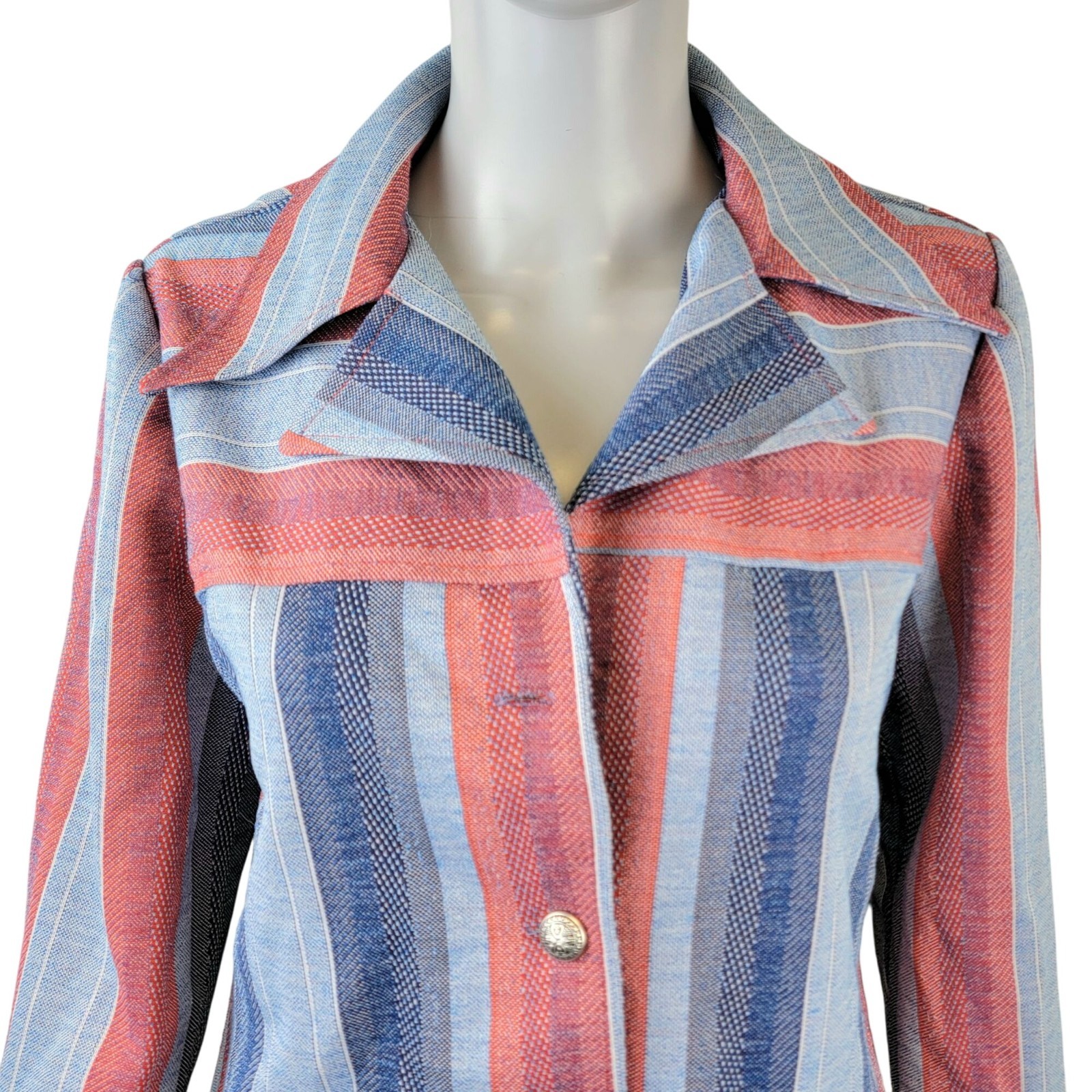 Vintage 70s Stripe Shirt Jacket Women Medium Pink Blue Collar Button Lightweight