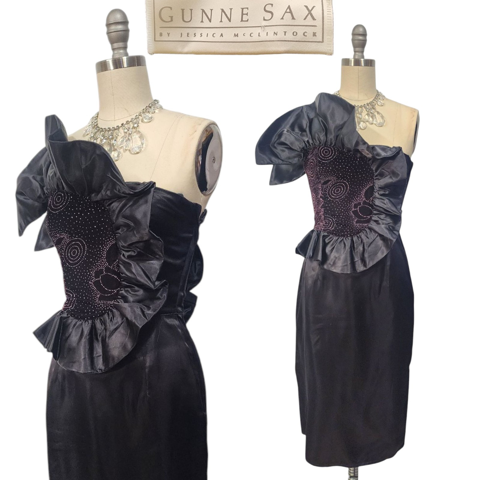 Vtg 80s Prom Dress XS 5 Gunne Sax Black Satin Short Avant Garde Origami Ruffle