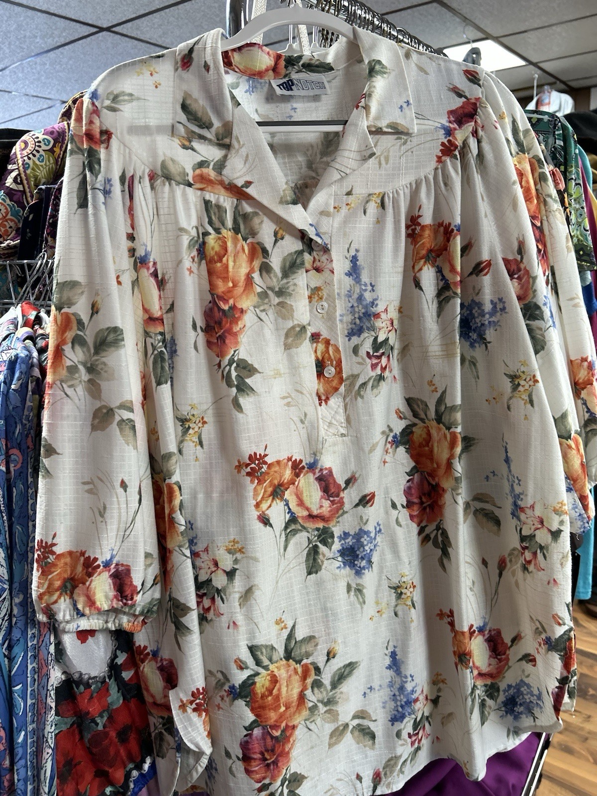 Vintage Women’s Top Notch Floral Blouse Shirt Plus Size 44/24W Smock 3/4 Sleeve