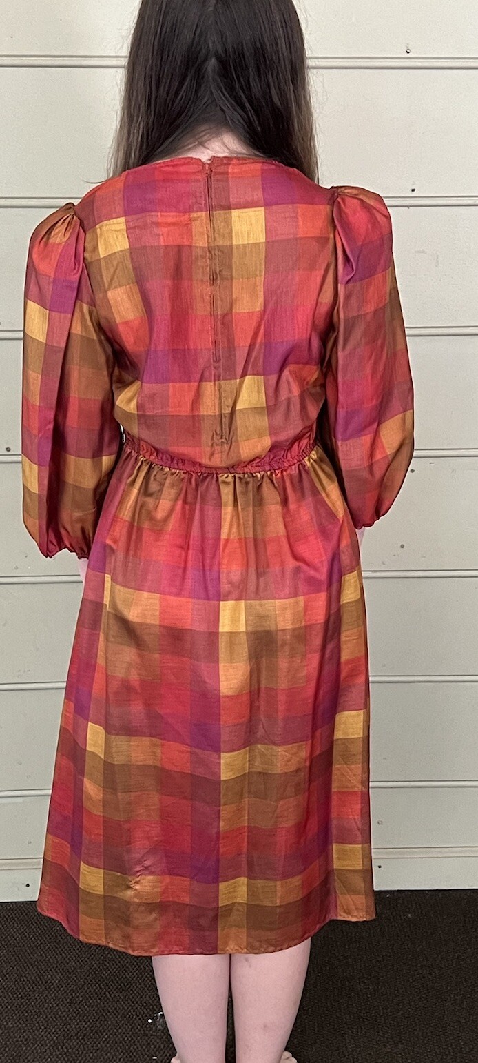 Vintage Donna Morgan For Non Stop Burgundy & Gold Plaid Dress Size Small