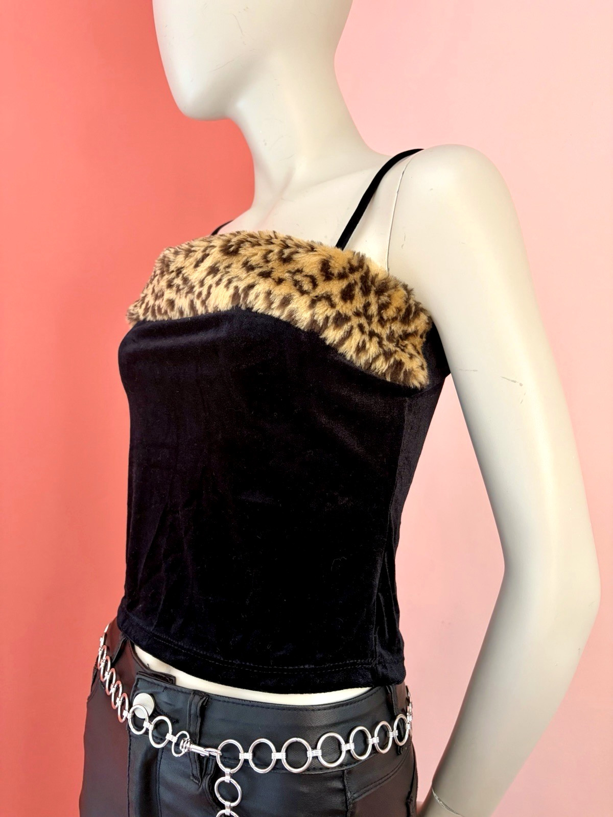 VTG 90s Y2K Velvet Leopard Faux Fur Trim Camisole club top Mob wife Black L