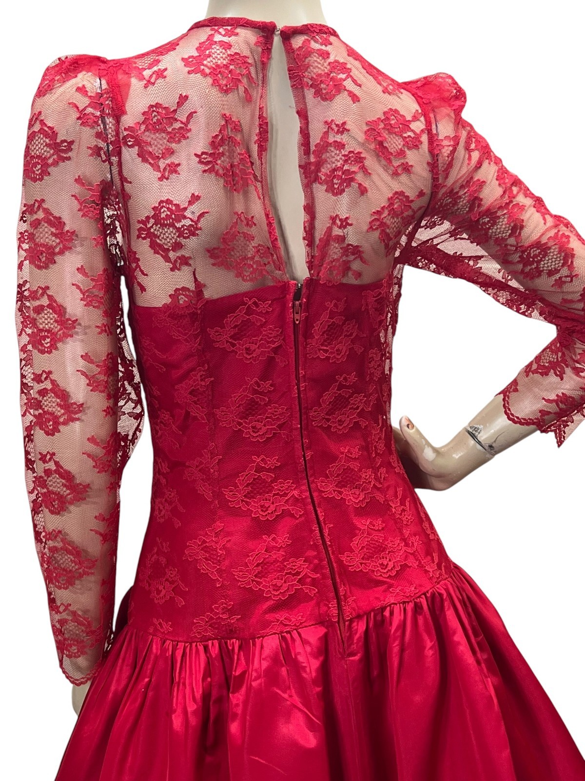 Vtg 80s Sz M~L Red Taffeta Satin Lace High Low Prom Dress