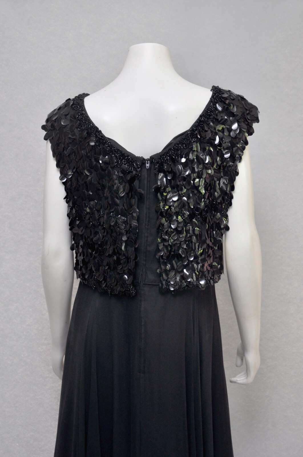 Vintage 1960s Black Silk Chiffon Party Maxi Dress w/ Paillette & Beading Formal