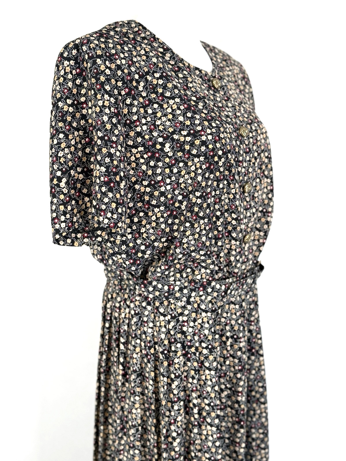 Leslie Fay Womans Size 14 Dress Floral Black Vintage Belted Midi Classic Modest