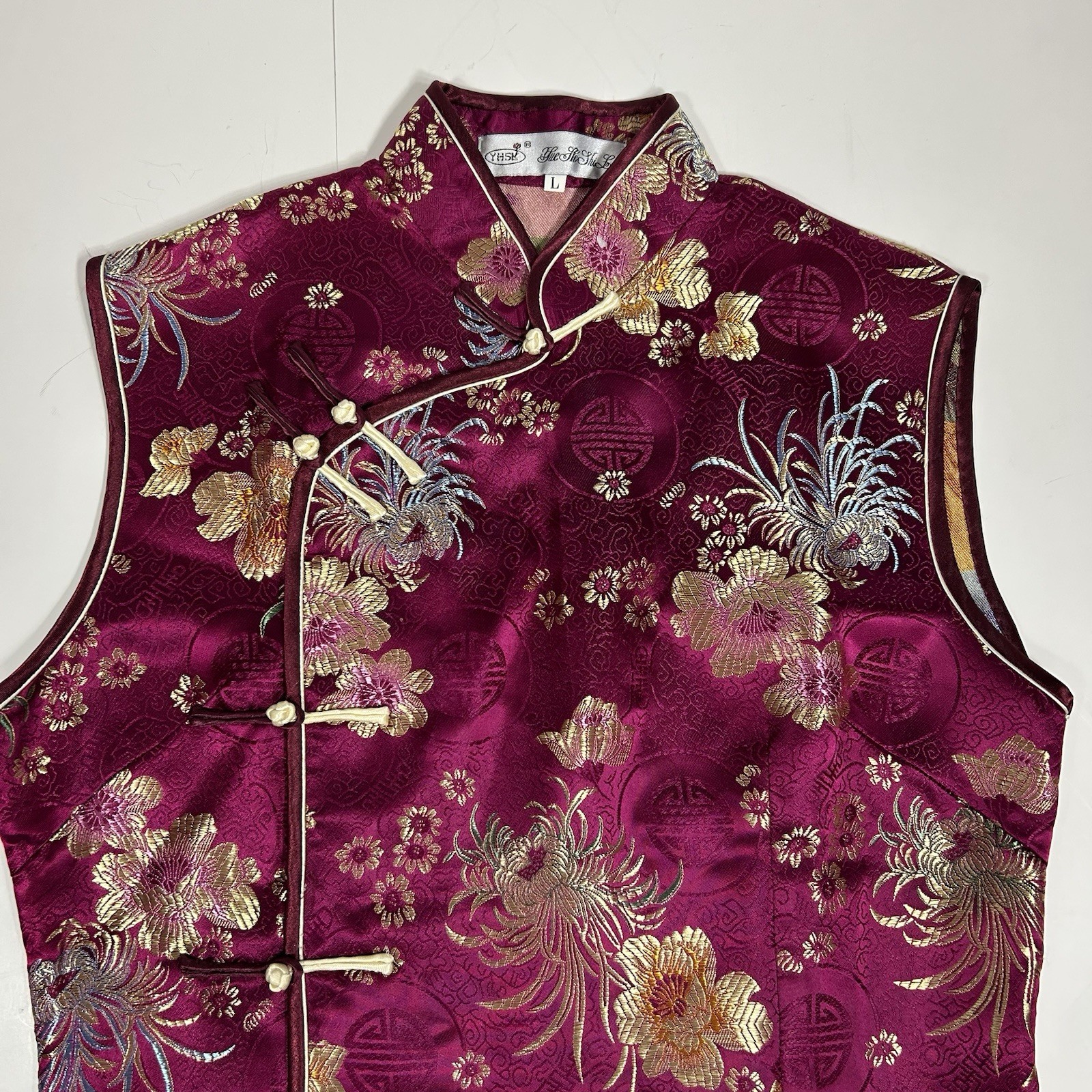 Vtg YHSK Yue He Shi Lu Women Chinese Mandarin Collar Dress Floral Fuchsia Sz L