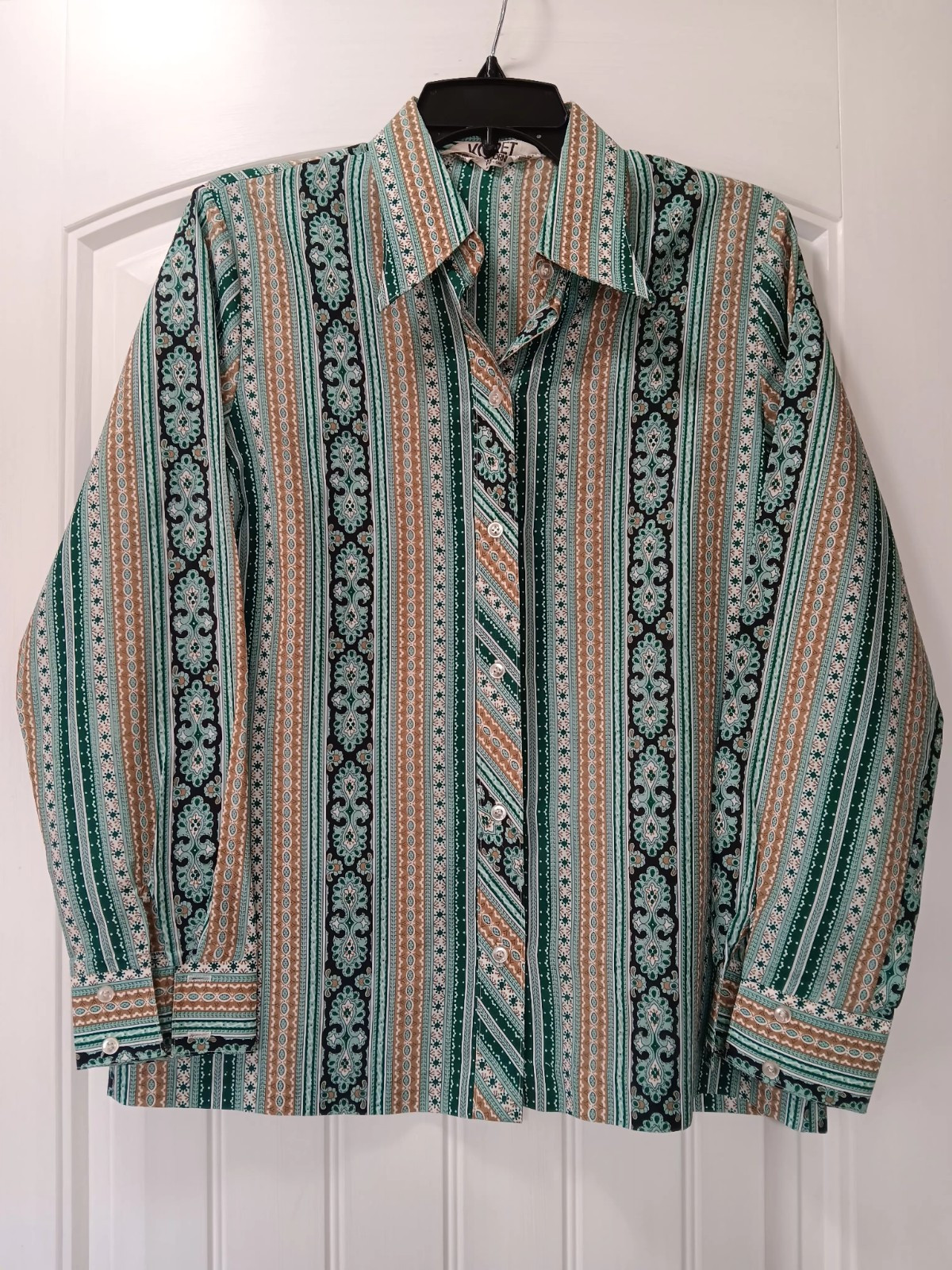 Vtg Koret Of California Button-Up Blouse M/L Long Sleeve Green Brown 70s
