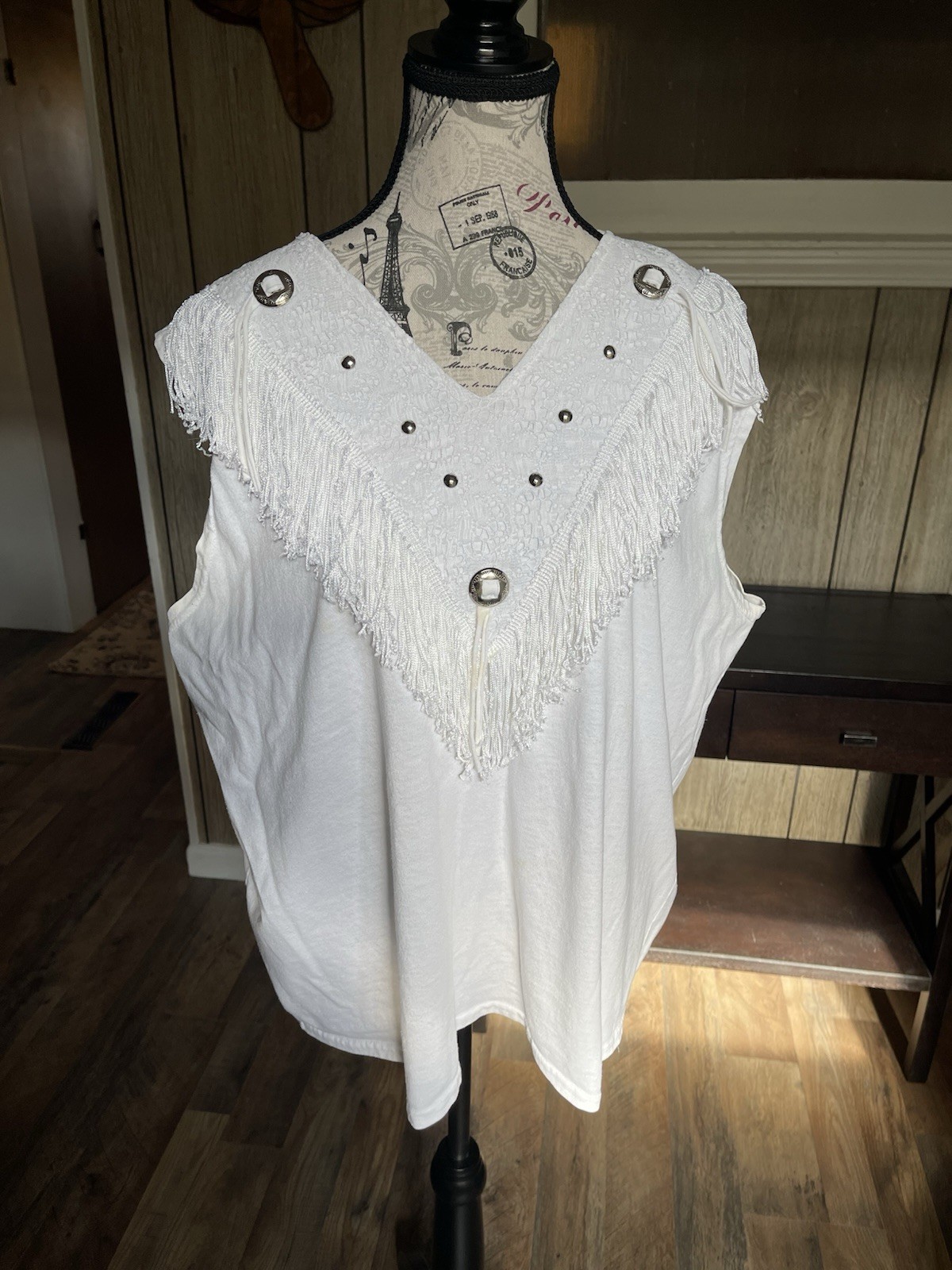 1980s Sleeveless Southwestern Country White Fringe and Metal Embellishments Top