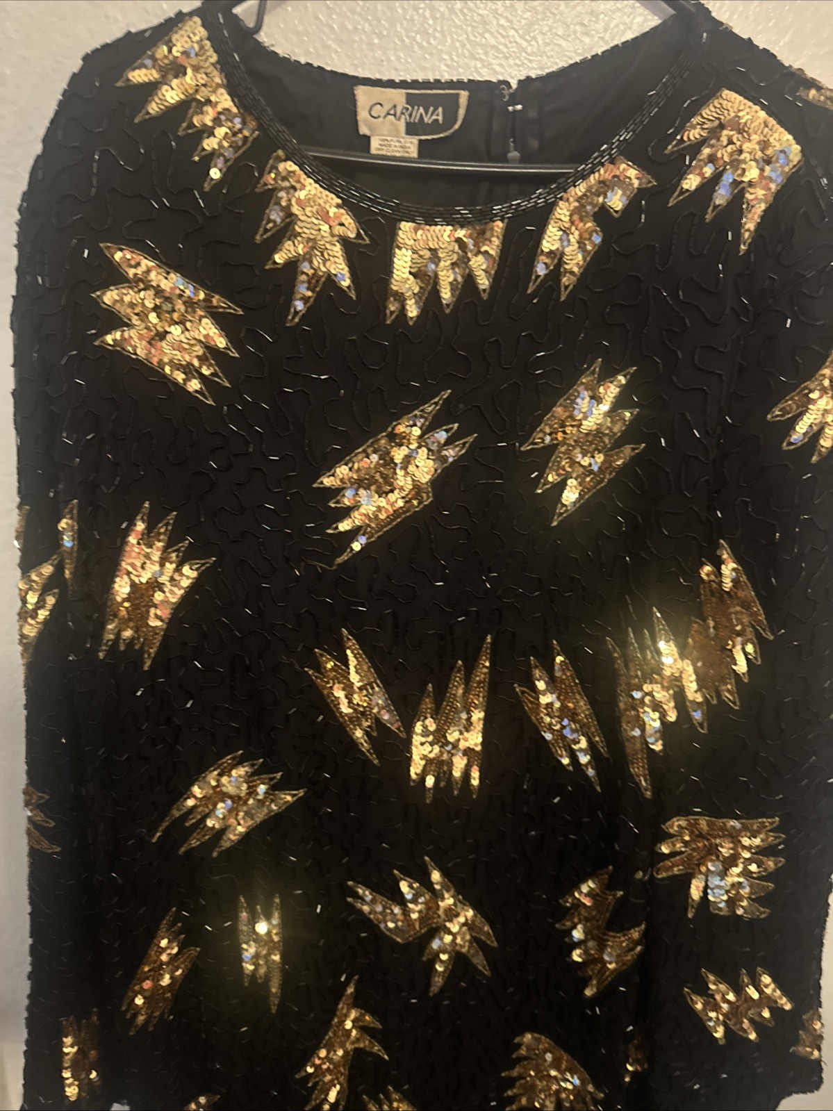 Vintage VTG 1980s 80s Carina Silk Black Beaded Gold Sequin Party Dress Sz 2X