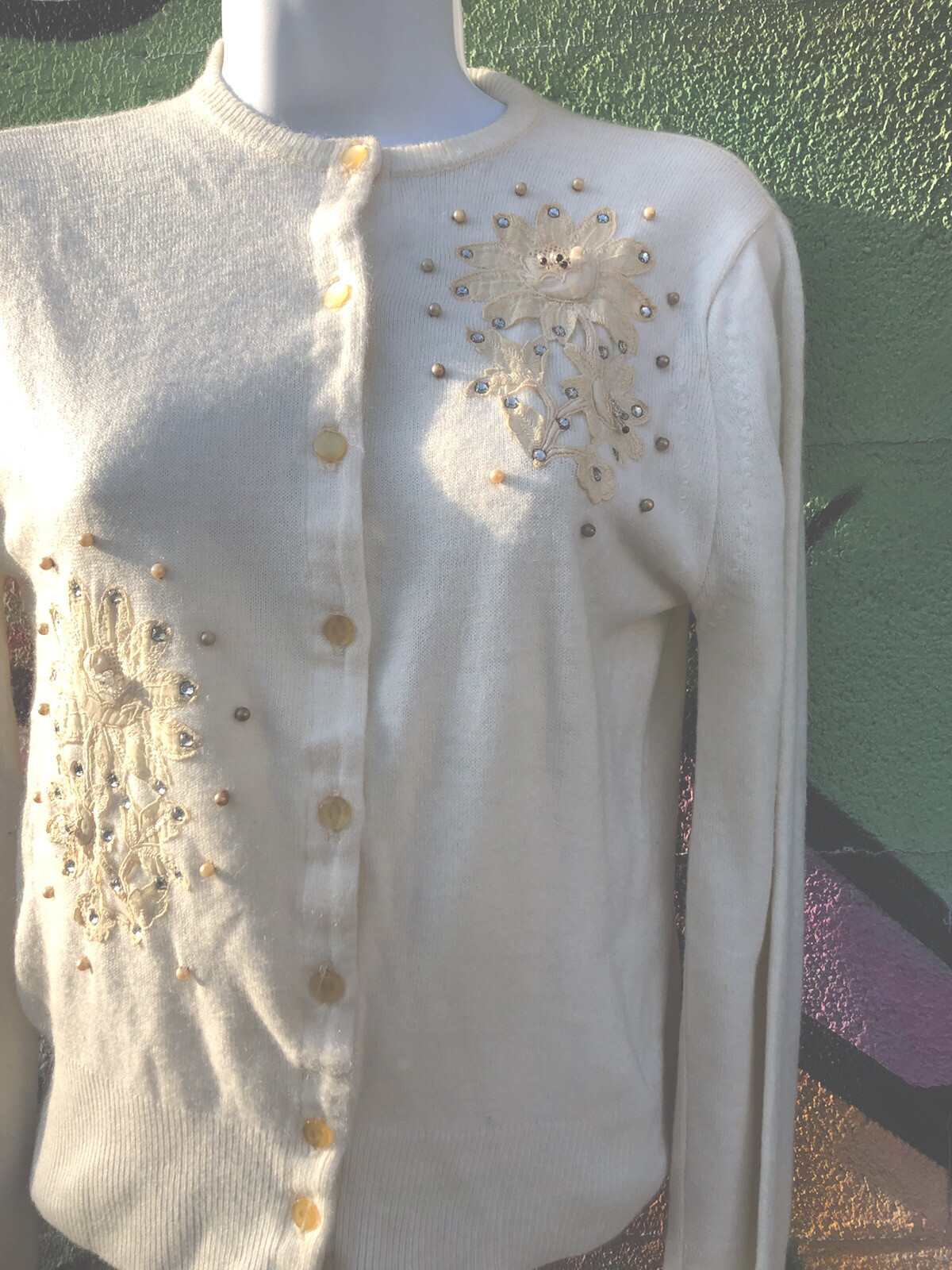 Vintage 1950s LAMPL off white Light Embellished Knit Cardigan Top Small