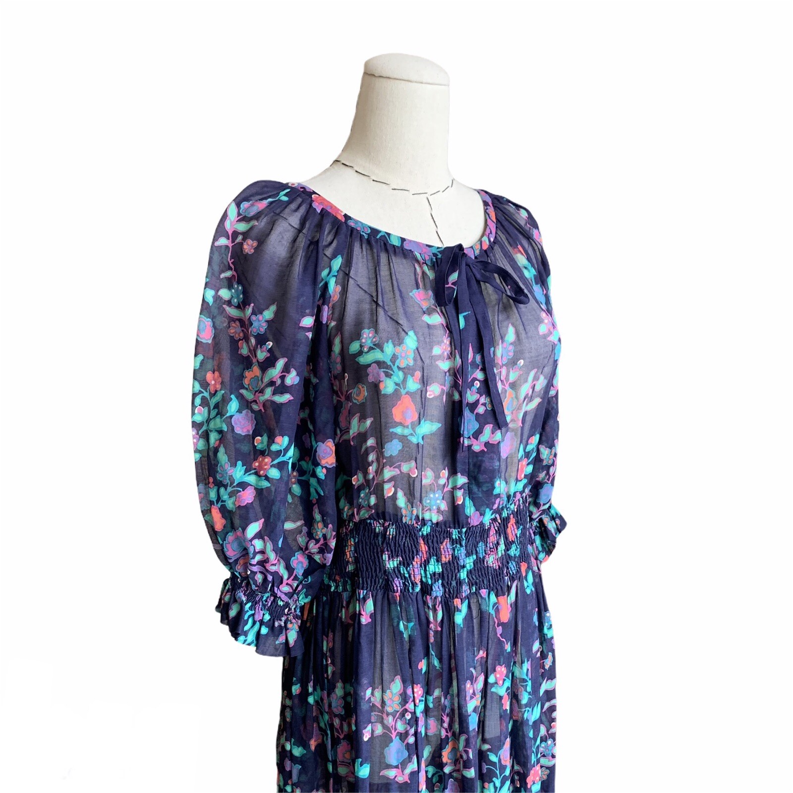 Vintage 70s Ted Lapidus Boutique Floral Day Dress Puff Sleeve Peasant Boho Sm