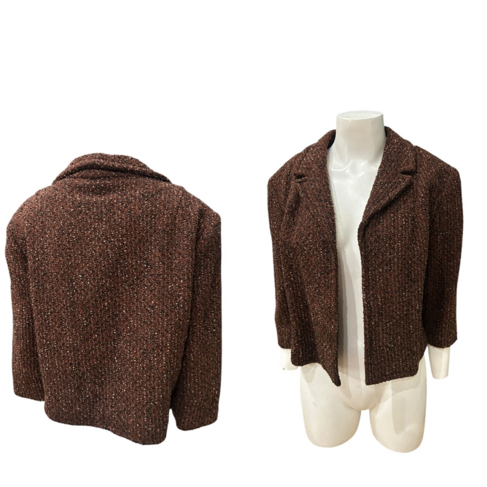 Vintage 50s Boucle Tweed Cropped Jacket Brown Open Front Blazer / medium ^
