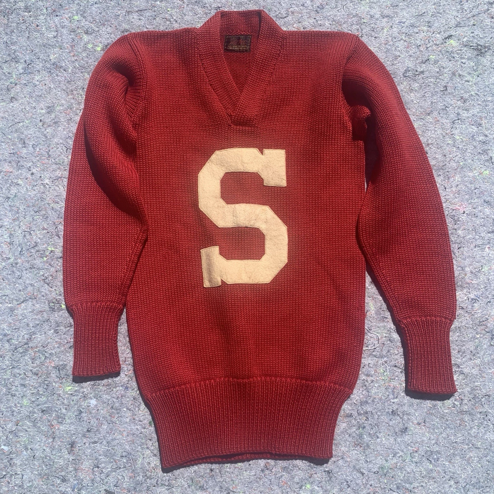 Vintage 50s wool knit dark red letterman pullover v-neck sweater w/ repairs