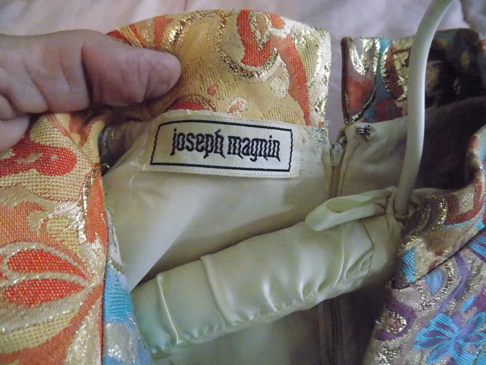 Vtg FAB 60s Joseph Magnin Metallic Tapestry Gold Pink Green Disco Maxi Jumpsuit