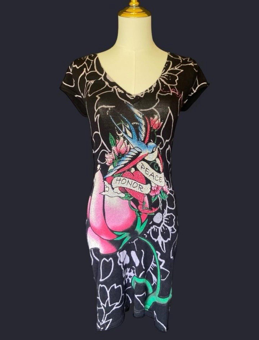 Authentic Vintage Ed Hardy By Christian Audigier Black Y2K Rhinestone Dress