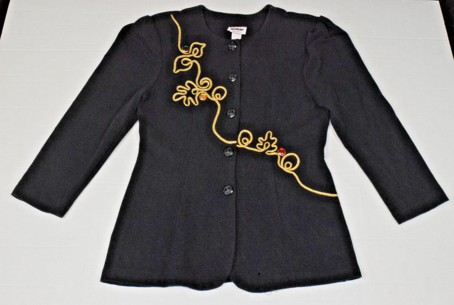 Vintage Blazer Jacket Oro Size M 80s Black Cotton Gold Jewel Detail Made USA
