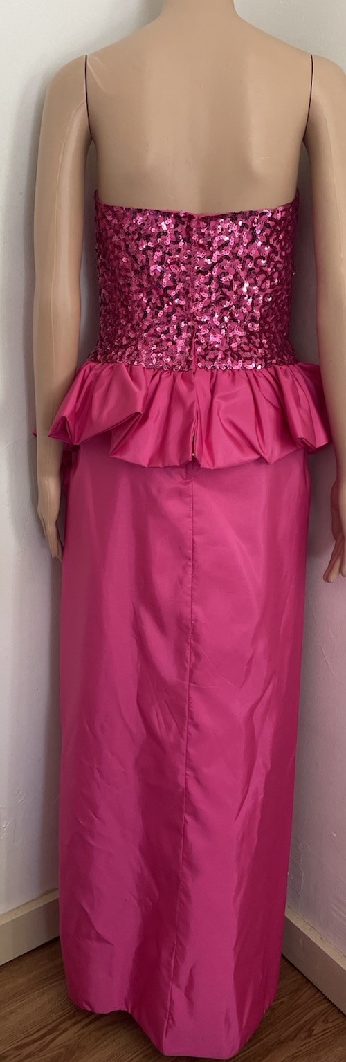 VTG 80s Mike Benet Pink Satin Sequin Strapless Peplum Formal Party Prom Dress