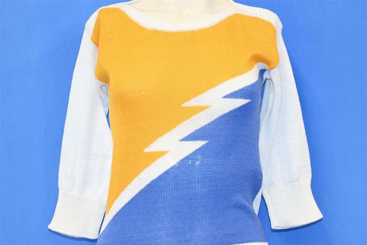 vtg 80s PAP YELLOW BLUE LIGHTNING BOLT COTTON 3/4 SLV NWT SWEATER WOMEN’S XS