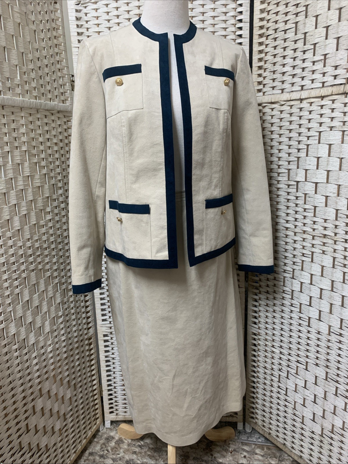VTG Abe Schrader Beige Suede Open Front Gold Buttons Blazer Sz 8