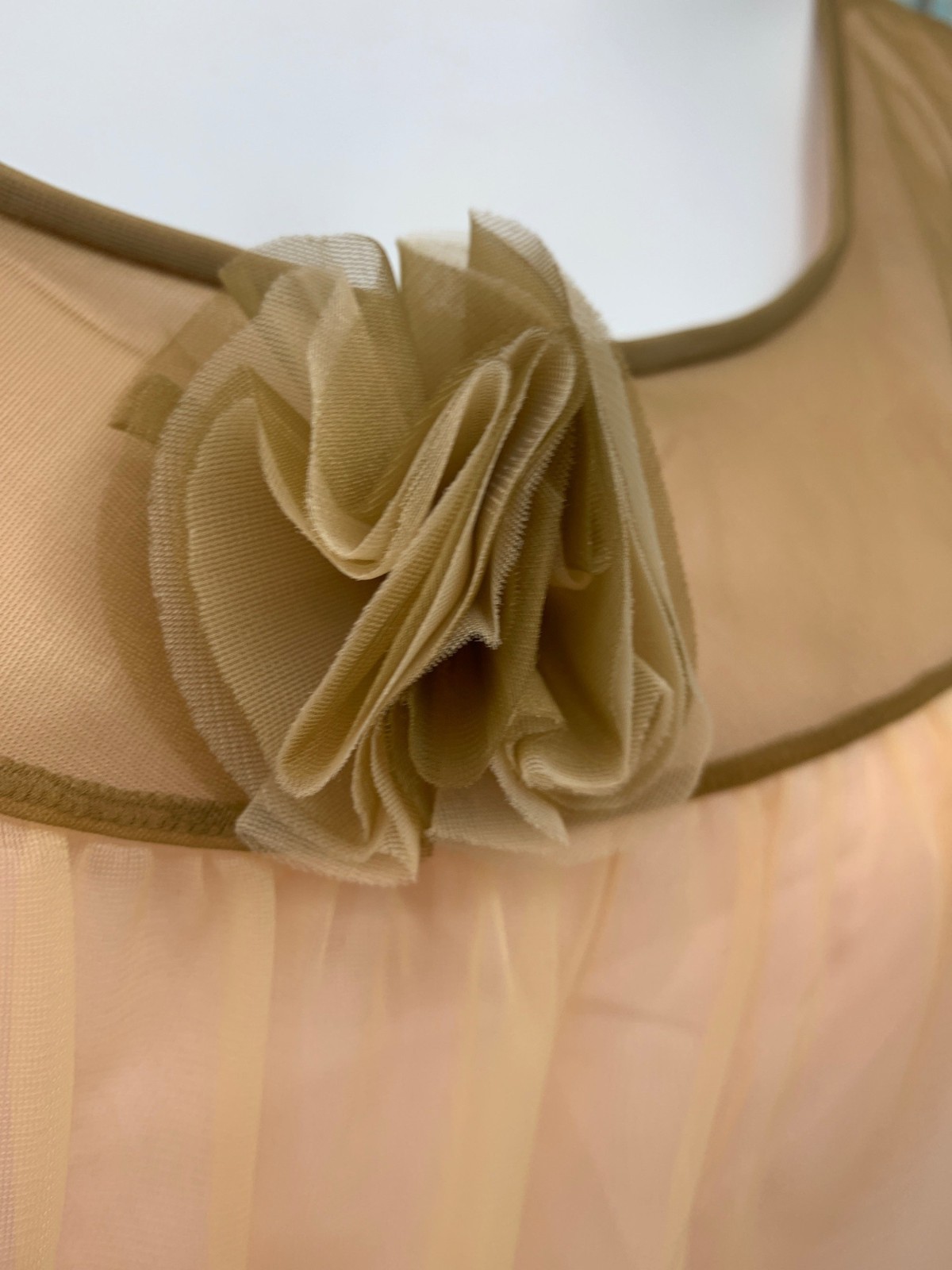 Vintage Vanity Fair Small Sheer Tan & Peach Nylon Chemise W/ Floral Appliqué Sle