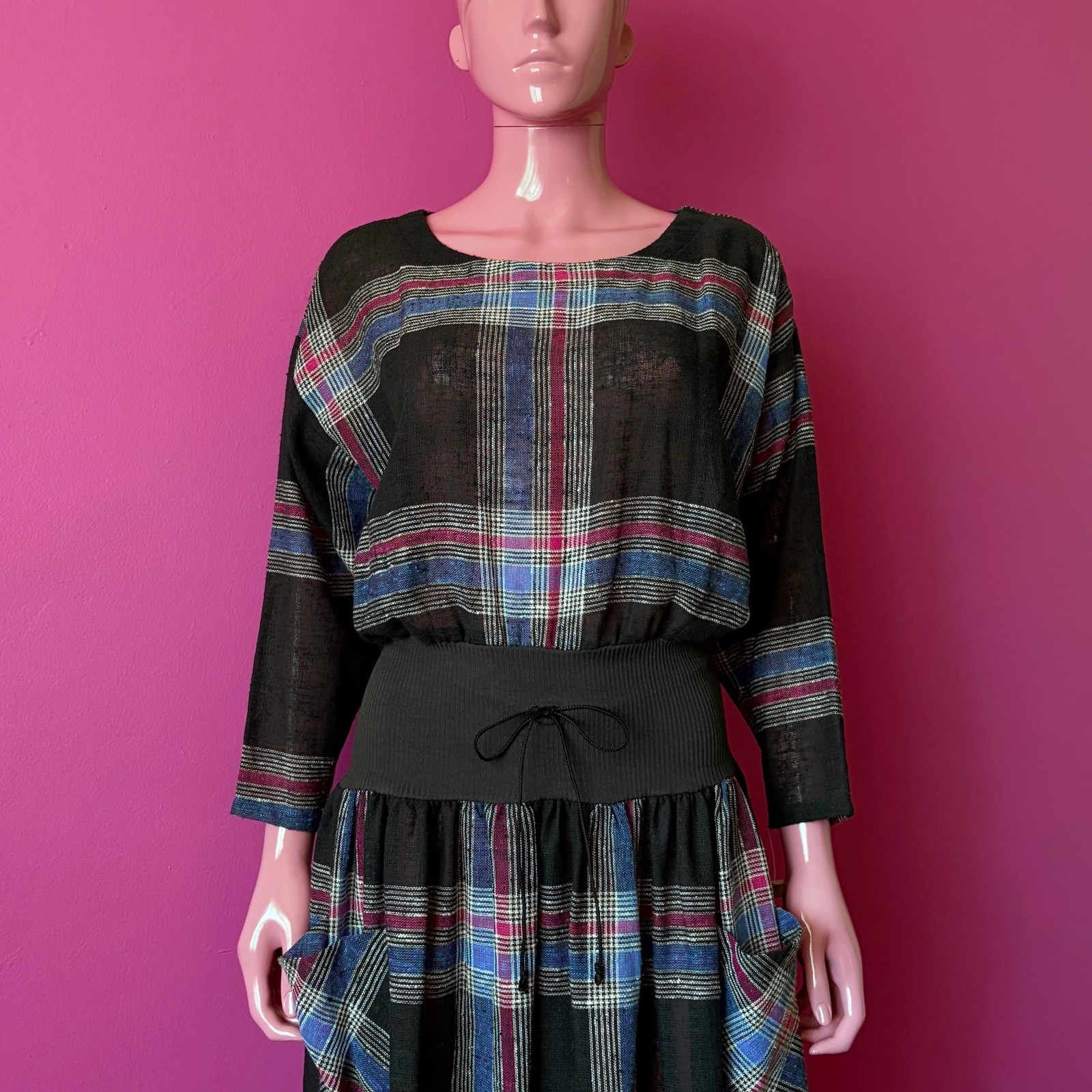 Vintage 80s 12 Blouson Dress Midi Plaid Sheer Gauze Fringe Hem Drawstring Waist