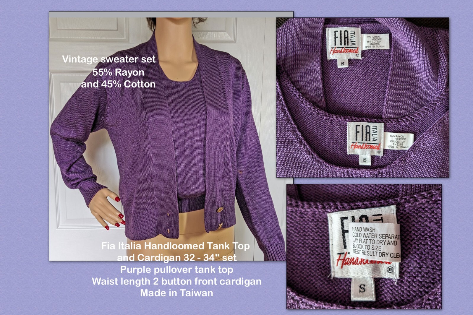 Fia Italia Handloomed Tank Top & Cardigan 34″ bust set, Purple pullover tank SM