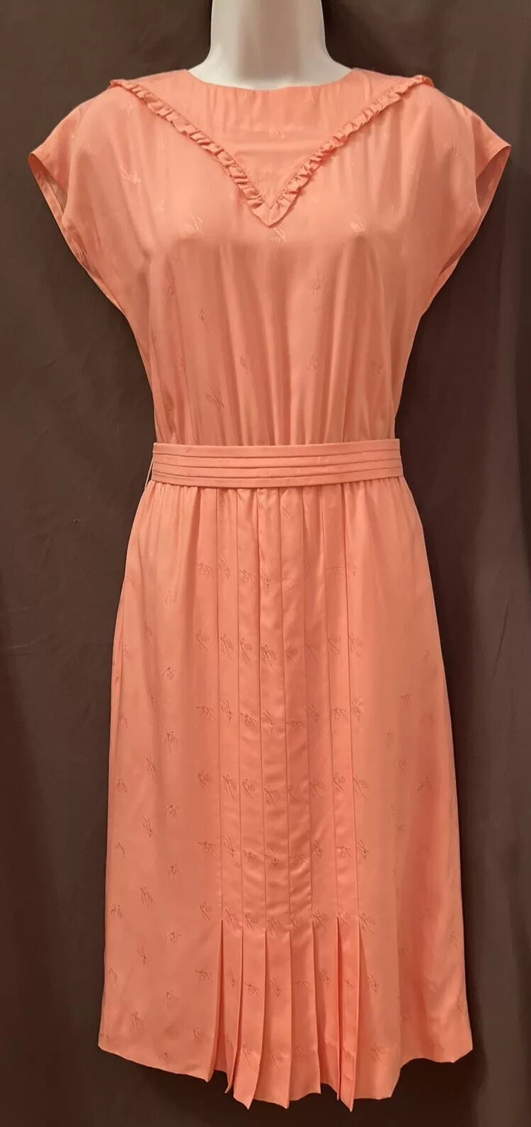 VTG Dress 60s Candy Pink Silk Butterfly Print Pleated Ruffle Wiggle Dress S/M