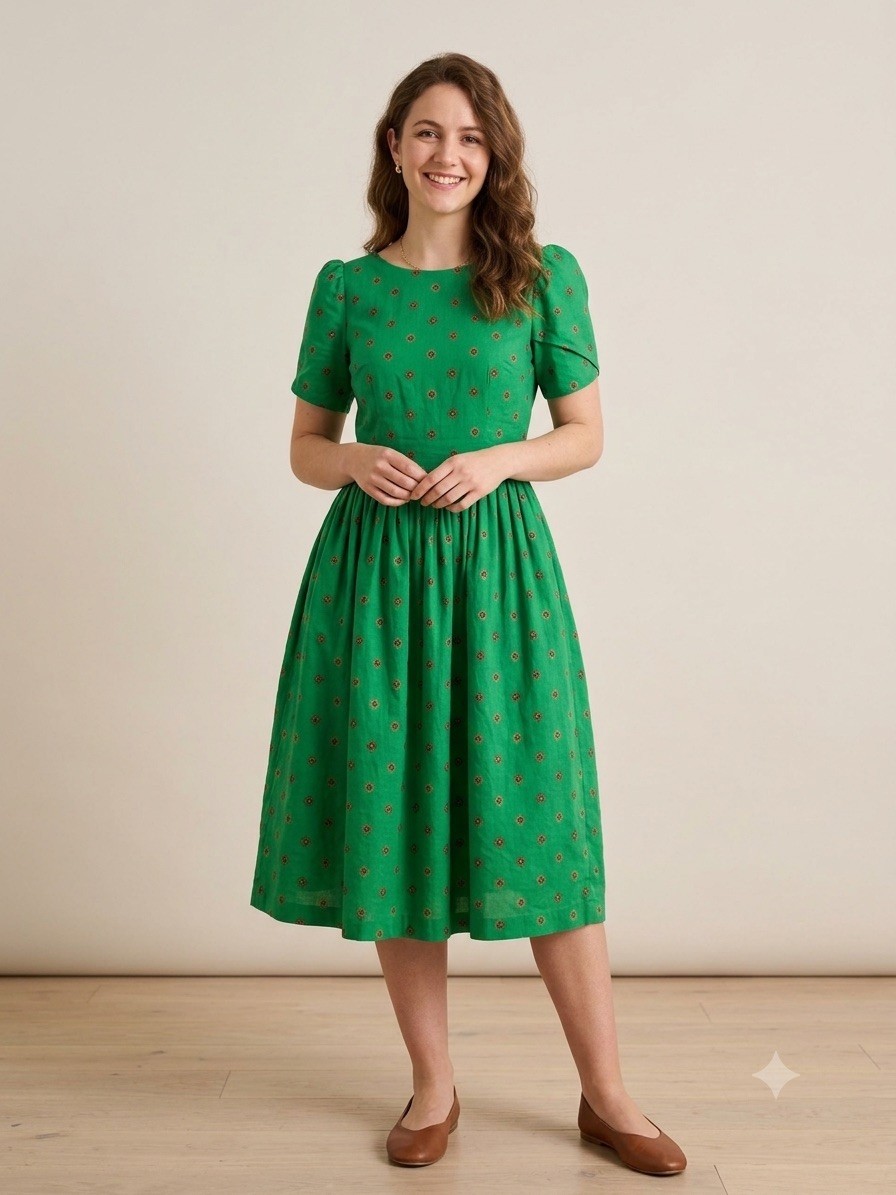 VTG 1960s Polished Cotton Green Dress Tiny Print Short Sleeve Softly Gathered