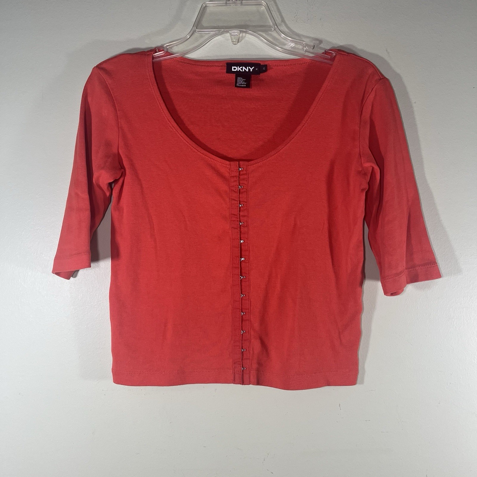 Y2K Vintage DKNY Top Shirt Size Small Cotton ORANGE Scoop Clasp Front Women’s