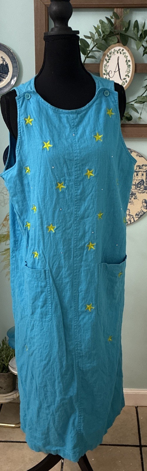 Vintage Quaker Factory Large Aqua Blue Celestial Linen/ Rayon Dress Pocket