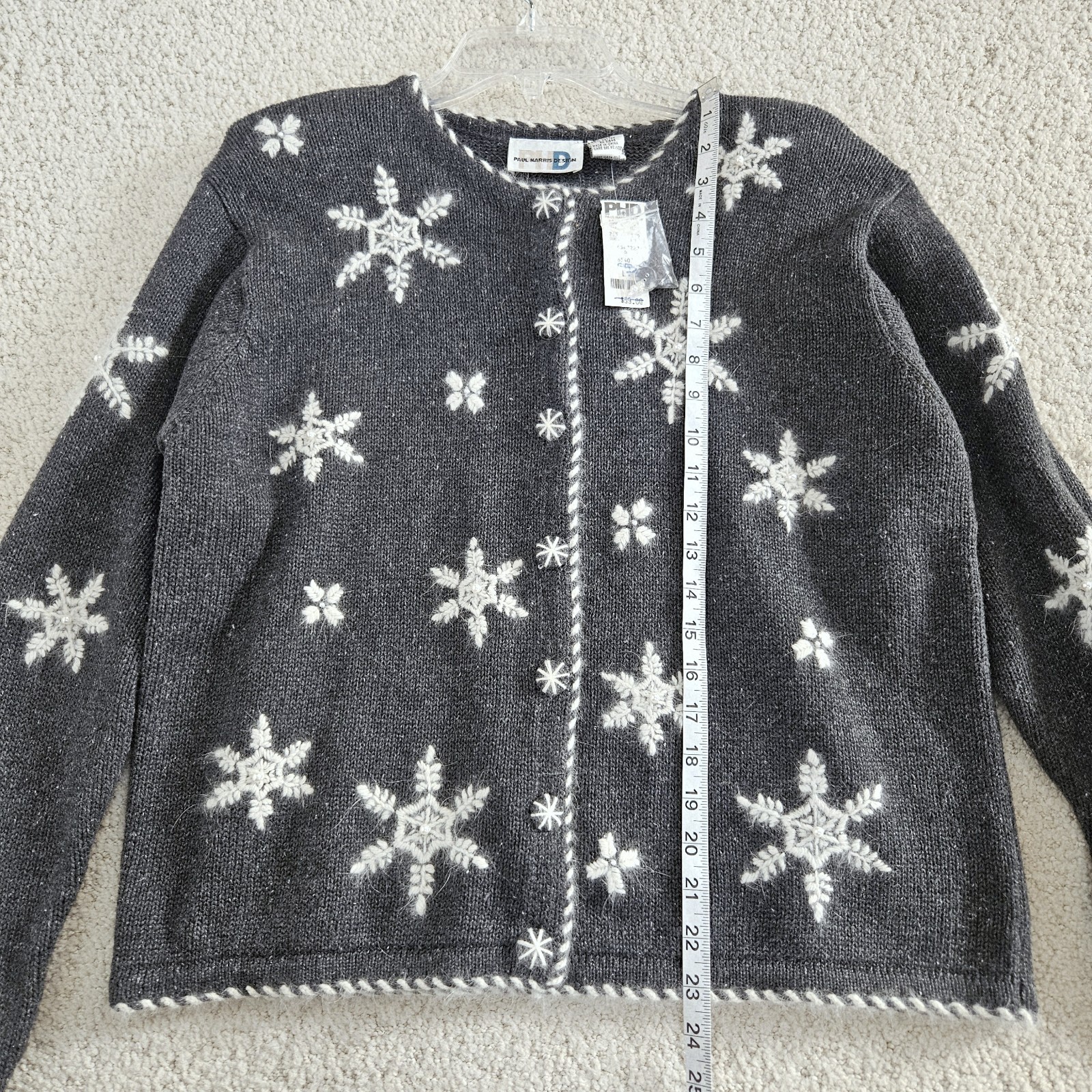 Vintage Paul Harris Christmas Cardigan Sweater Gray Snowflakes Winter Women L