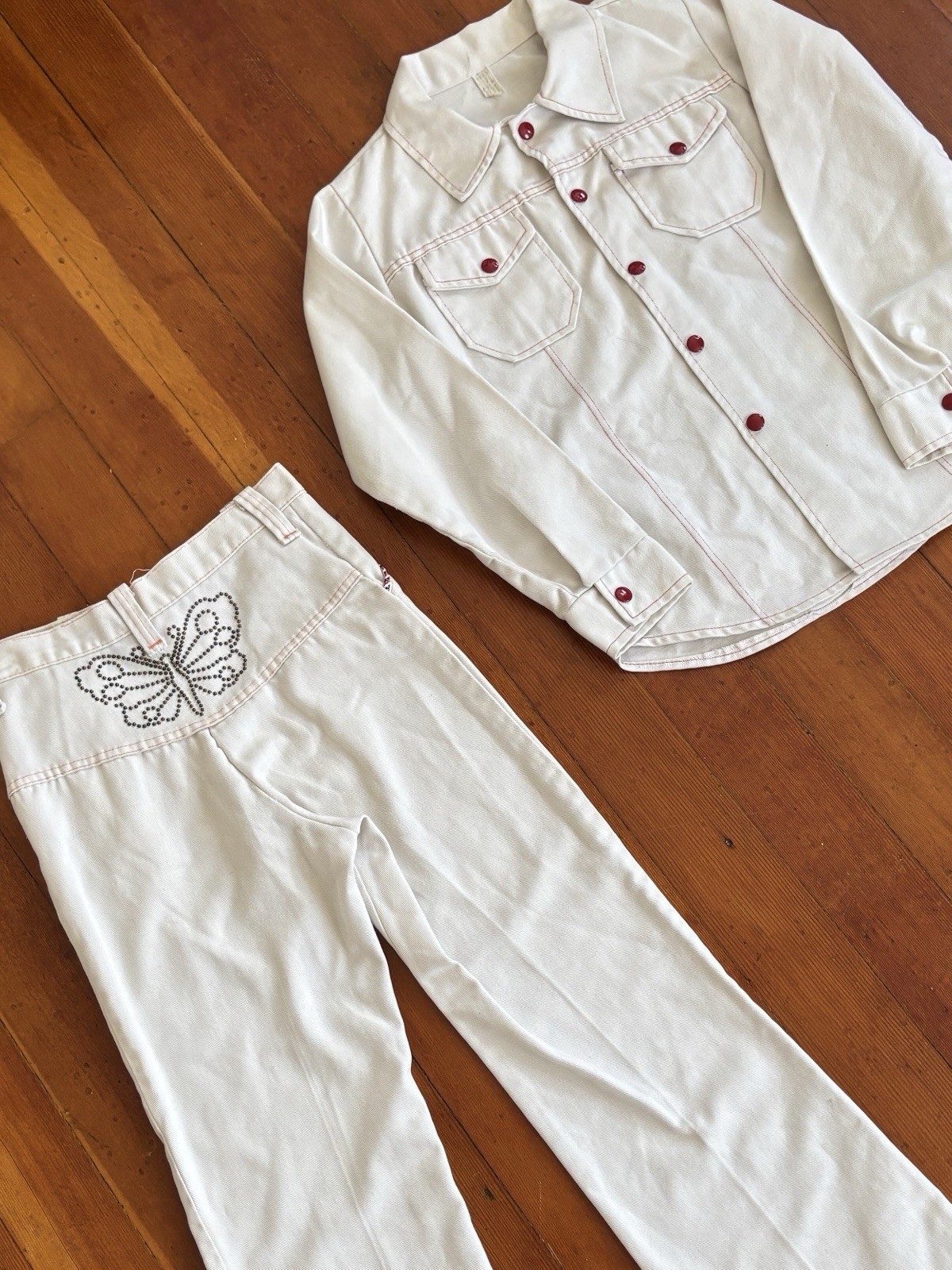 Womens 70s Denim Jacket Bell Bottom Pant Set Embroidered Vintage