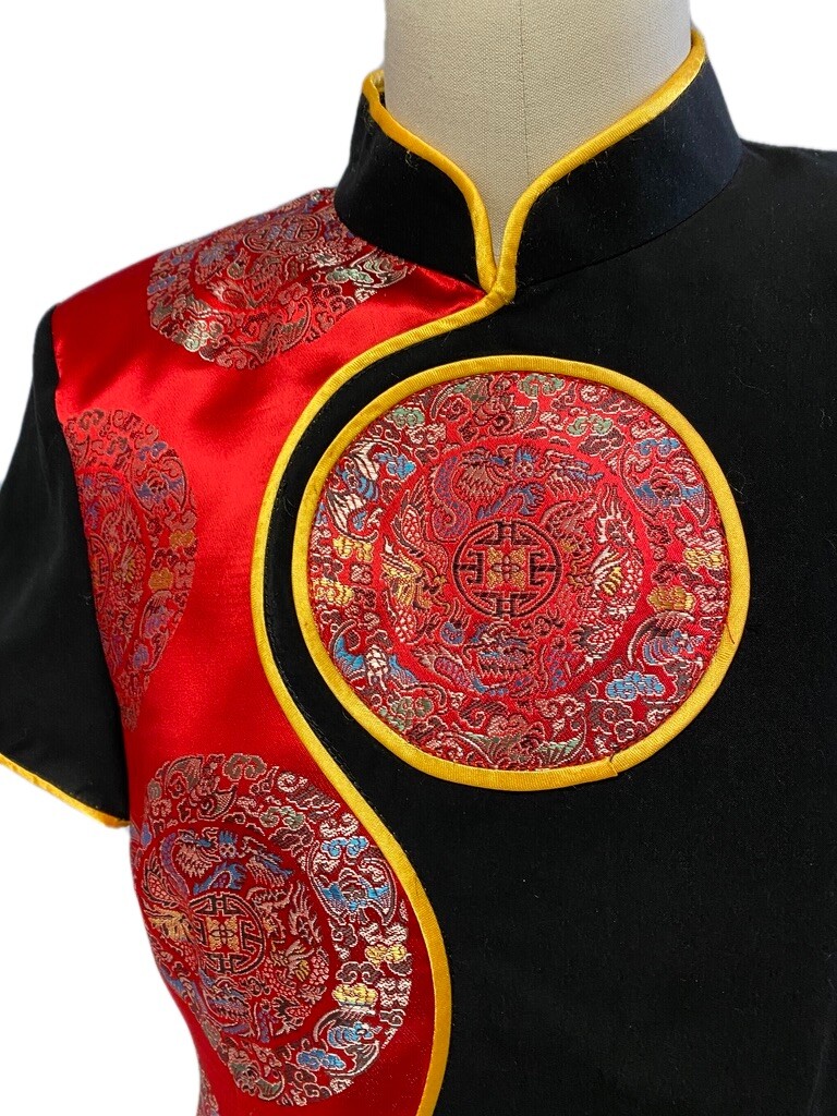 VTG 80s Red Satin Damask Top M L Custom Made Unworn Yellow Piping Shoulder Pads