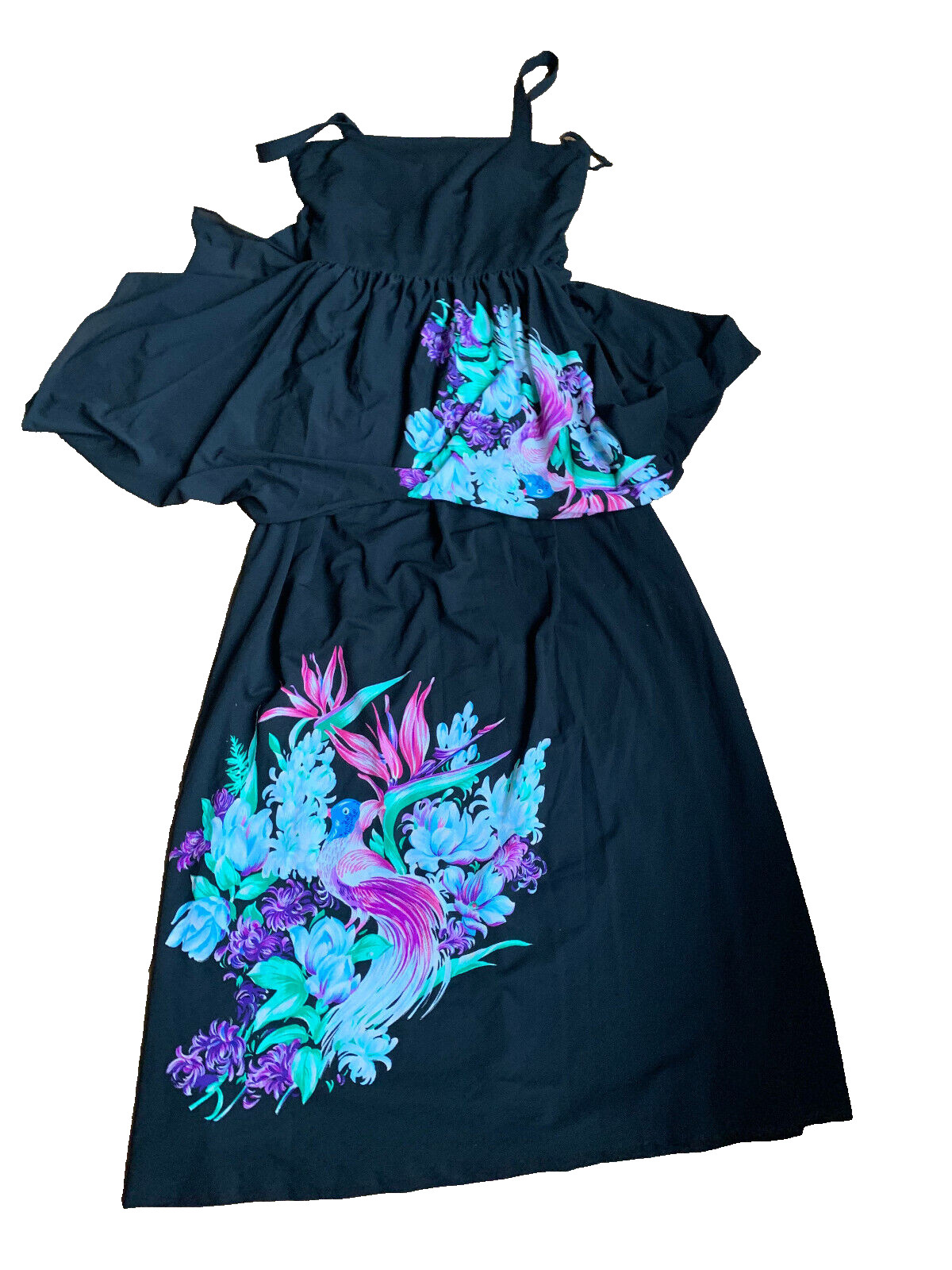 70s Vintage Black Maxi Dress Floral Bird Print Layered Jersey Boho 36 38