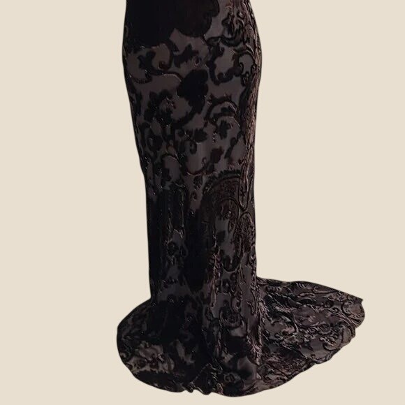 Unique Vintage Kay Unger Silk Burnout Velvet Gown Brown Cowl Back Maxi Dress 8
