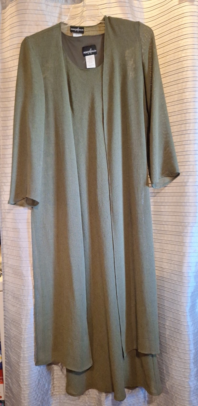 Vintage 2 Pc Dress Set/ Sheath Dress W/ Long Duster Jacket in Deep Sage Green