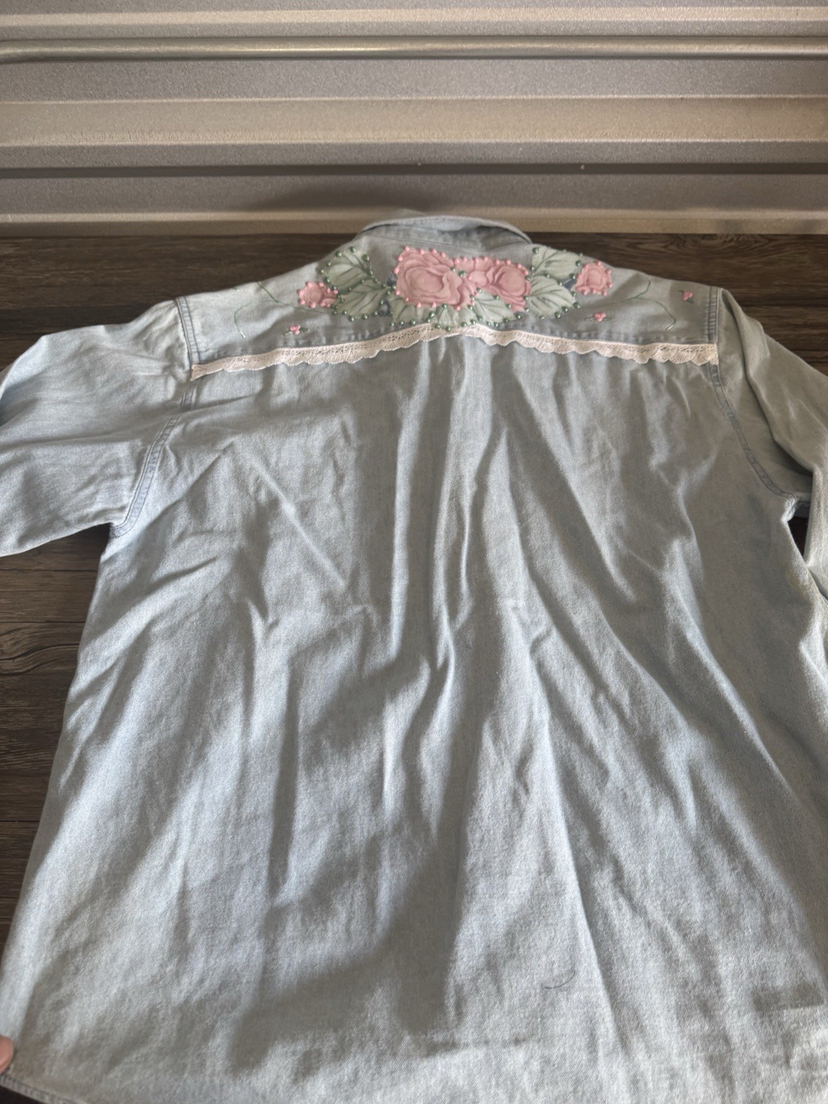 vtg CHAMBRAY Embellished ric rac trim Flower Handmade Medium