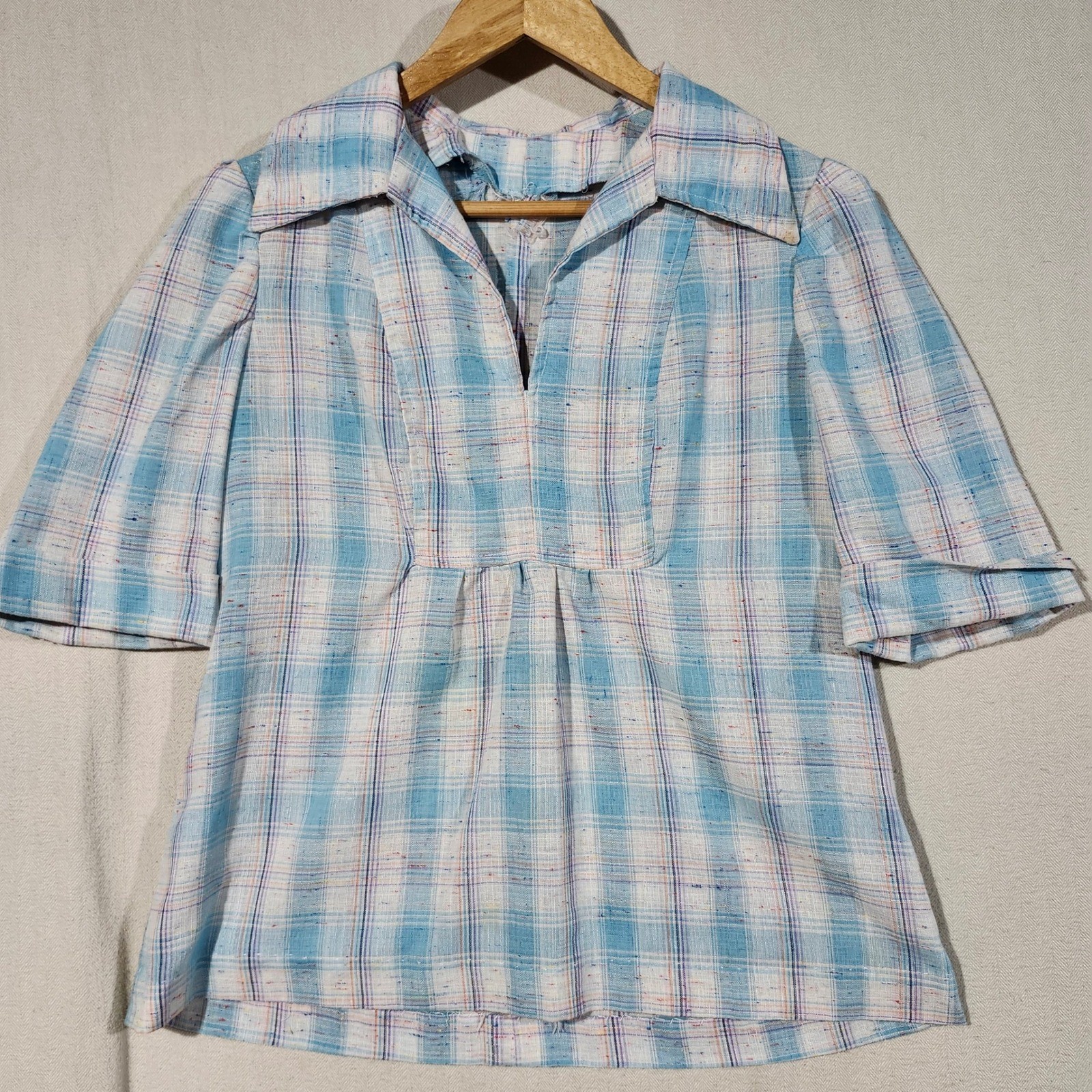Handmade Vintage Blue Plaid Tunic Top Short Sleeve V-Neck Rainbow 70s Retro Boho