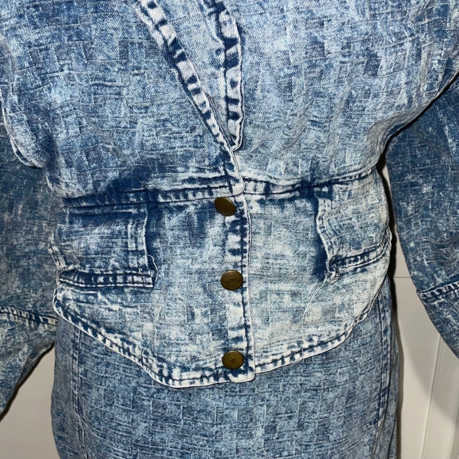 80s Paris Blues Acid Wash Denim 2 pc skirt & jacket Talon 42 Zip Puff Sleeve