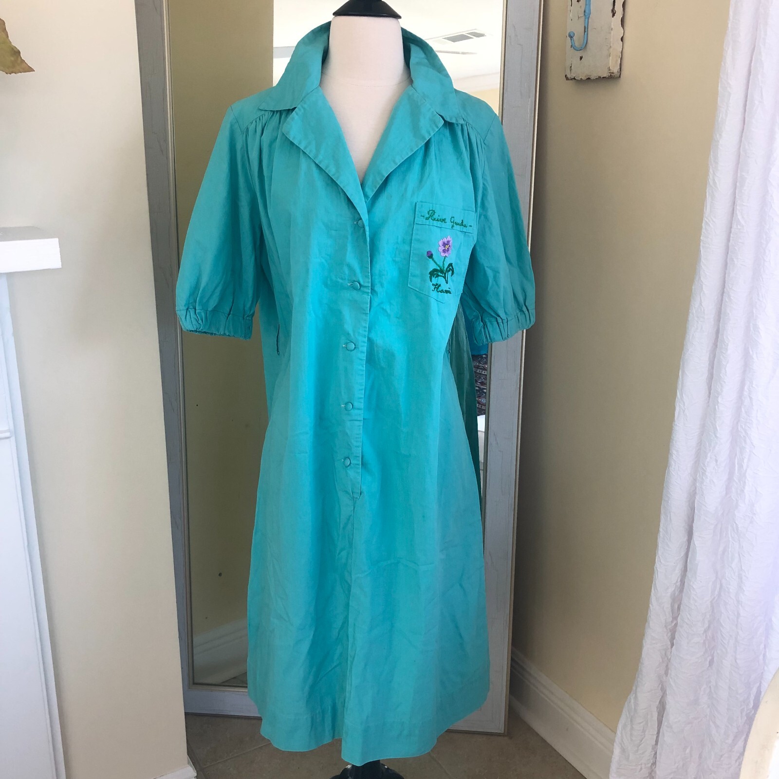 Vintage Green Housedress Size XL Embroidered Logo Peasant Hawaii Cotton Lounge