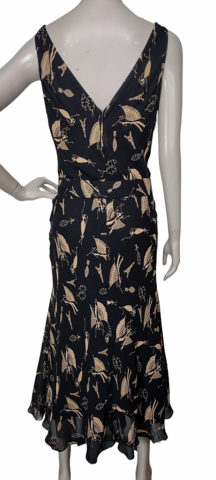 Vintage 90s 100% Silk Black Gold Paris Flamenco Dancer All Over Print Dress