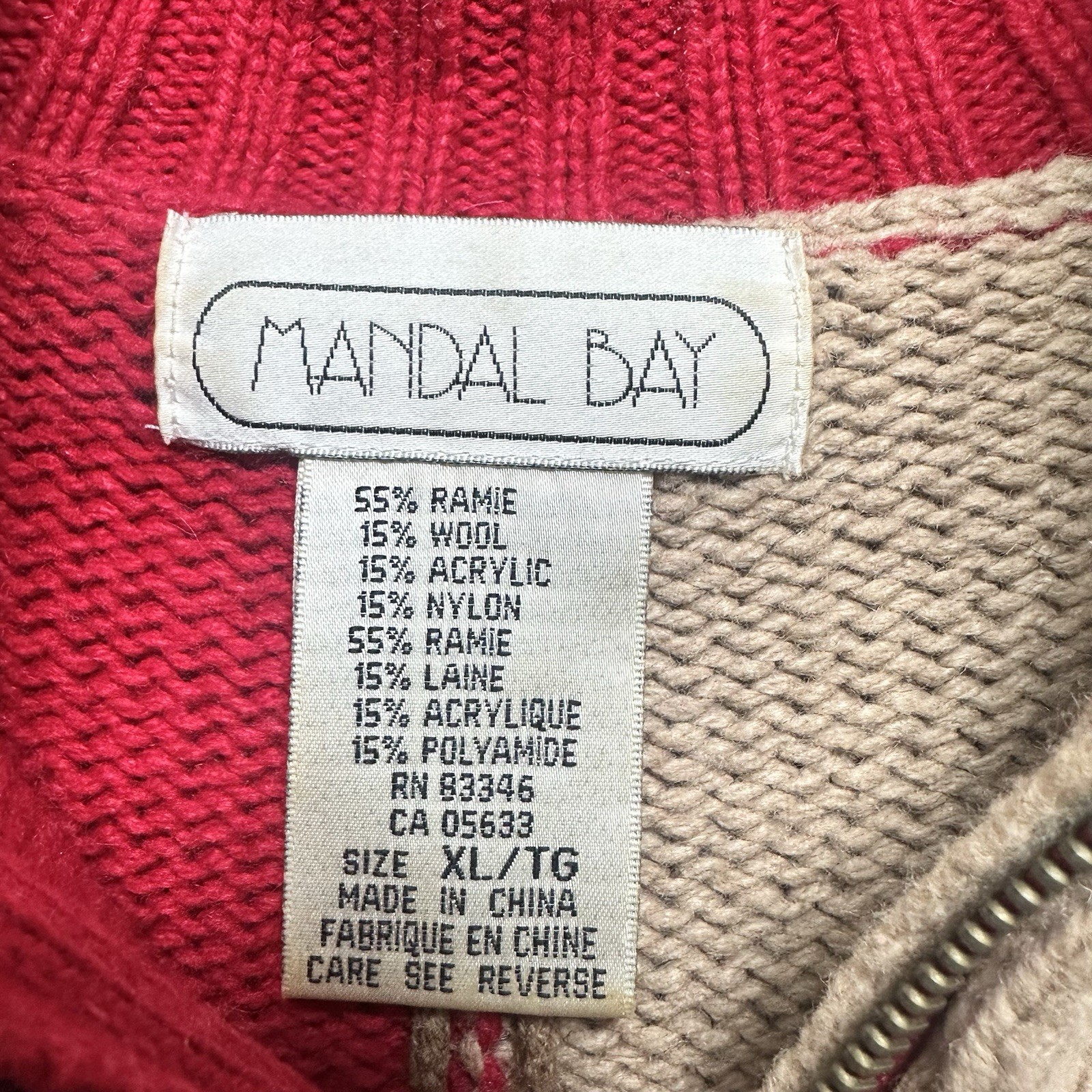 Vintage Mandal Bay Patchwork Sweater Trees Zip Up Ramie Wool Blend XL Grannycore