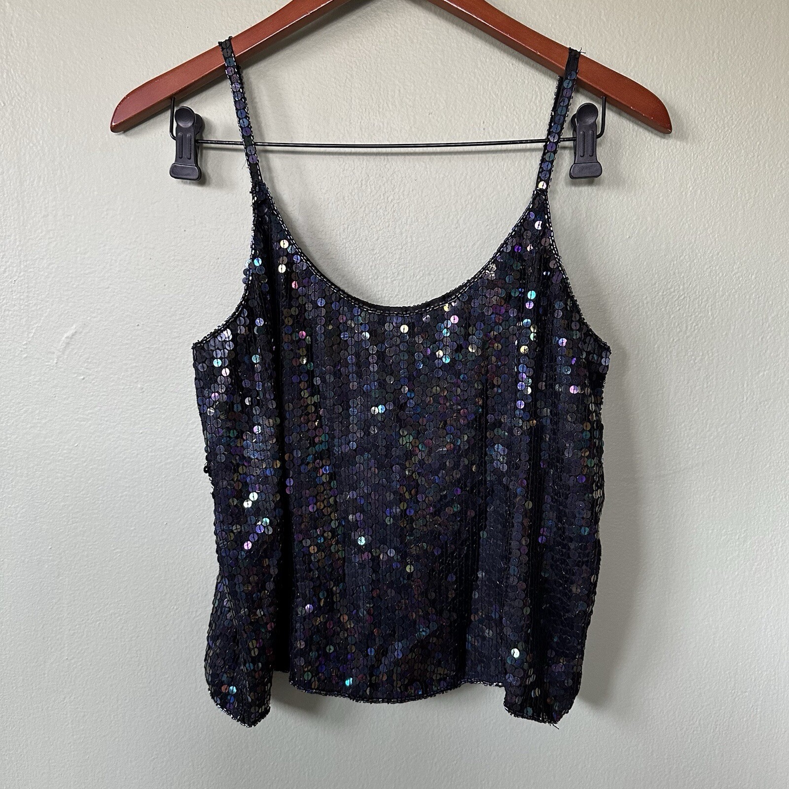 VTG 100% Silk Sequins Beaded Spaghetti Black Strap Top Spell Bound Size Medium
