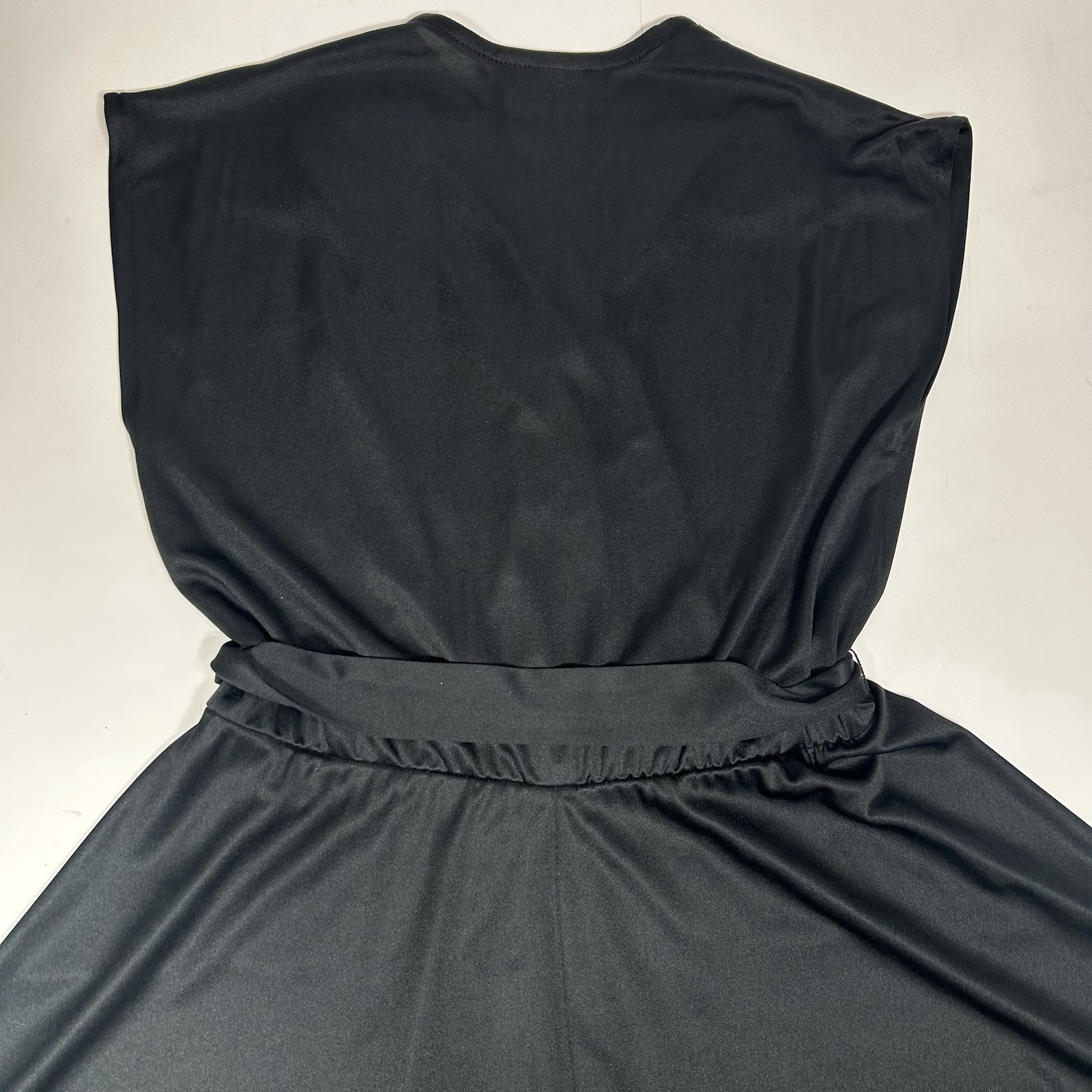 Vtg 89s Alison Peters Black Faux Wrap Midi Dress Cap Sleeve Pleated Belt Sz 10 ?