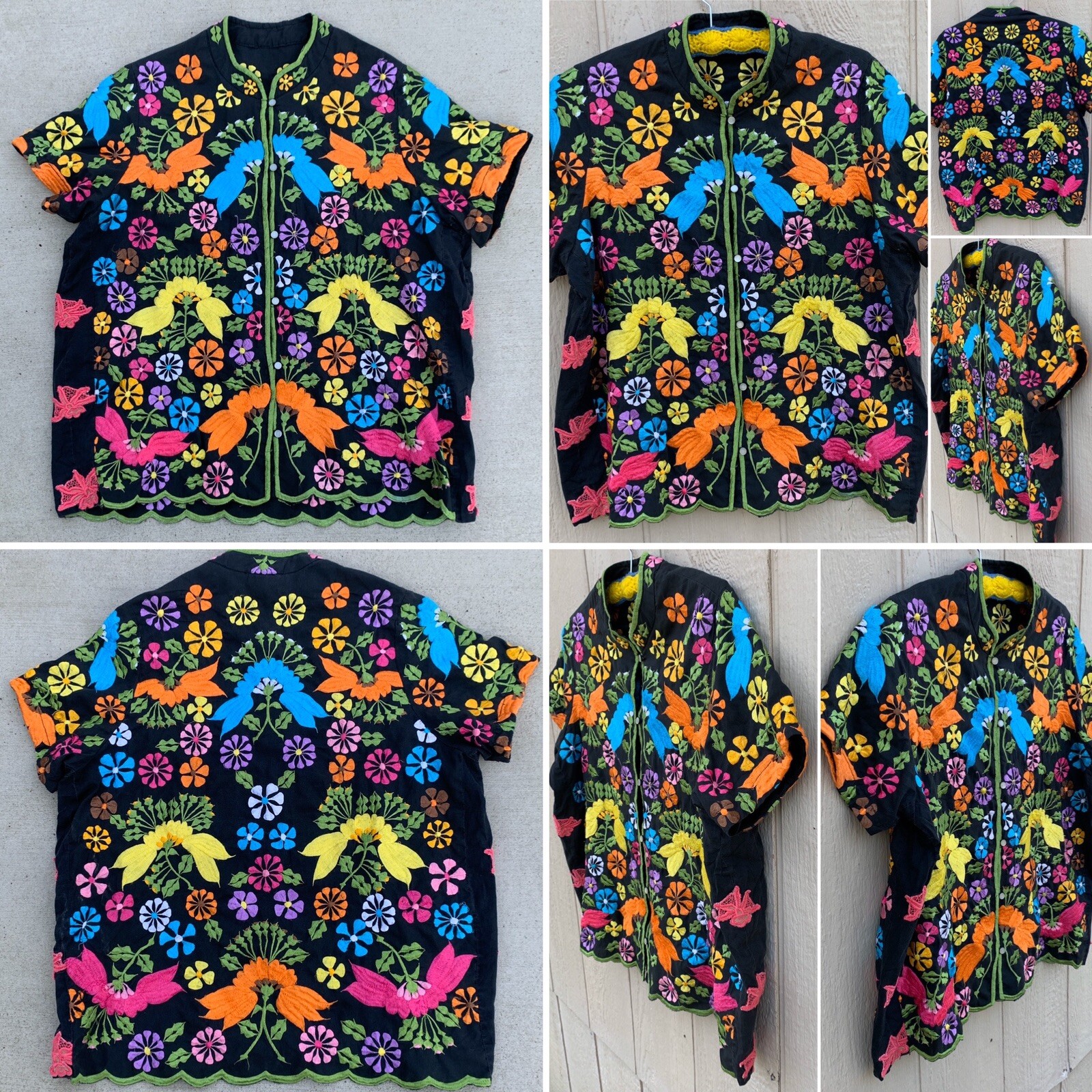 Vintage Embroidered Blouse Top Short Sleeve Mandarin Collar All Over Embroidery