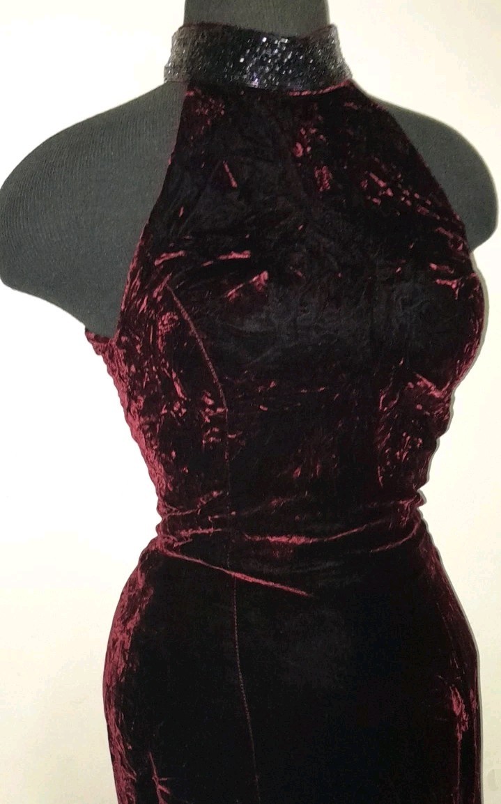 Vtg 90s Crushed Velvet High Collar Beaded Burgundy Wine Cocktail Dress RIMINI XS