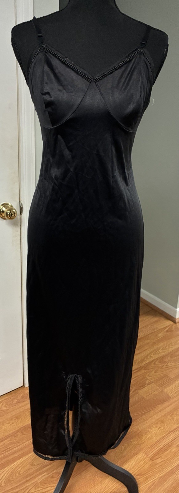Vtg American Maid Black Antron Nylon Full Slip Lingerie Dress Size 36 Front Slit