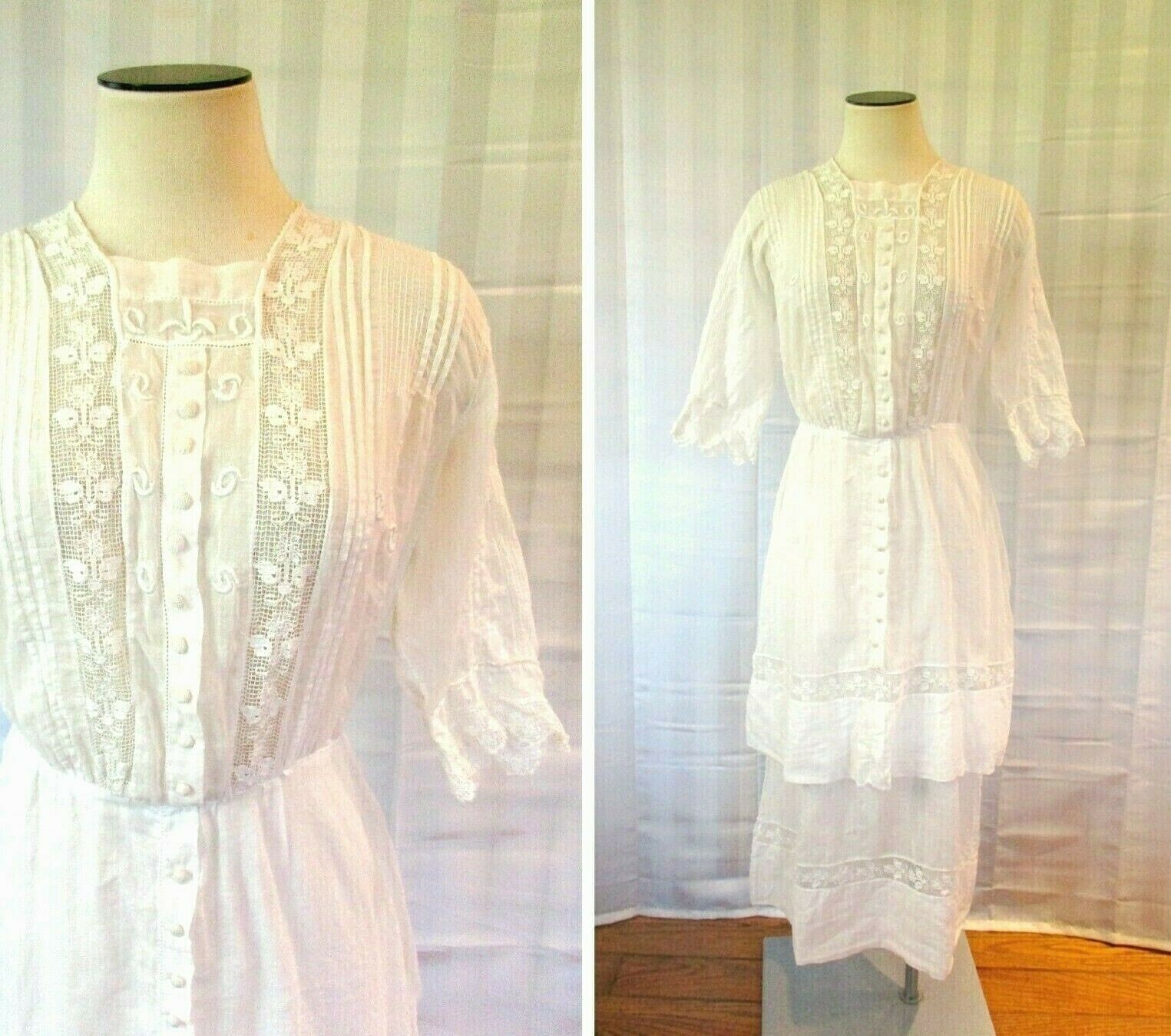 Antique Edwardian White Lawn Dress Garden Party 1890’s 1900’s M 37 Wedding