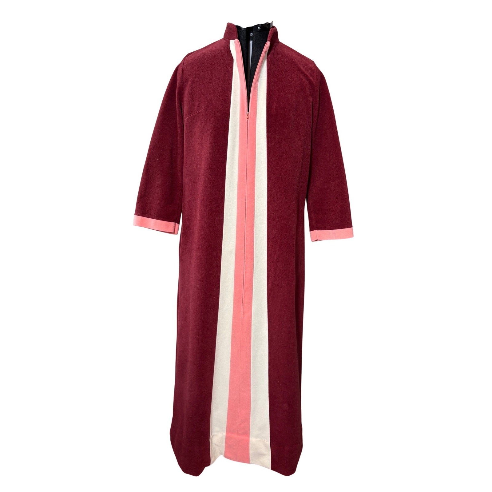 Vintage JCPenney Burgundy Velour Colorblock Zip Front Robe Housecoat Size 14 70s
