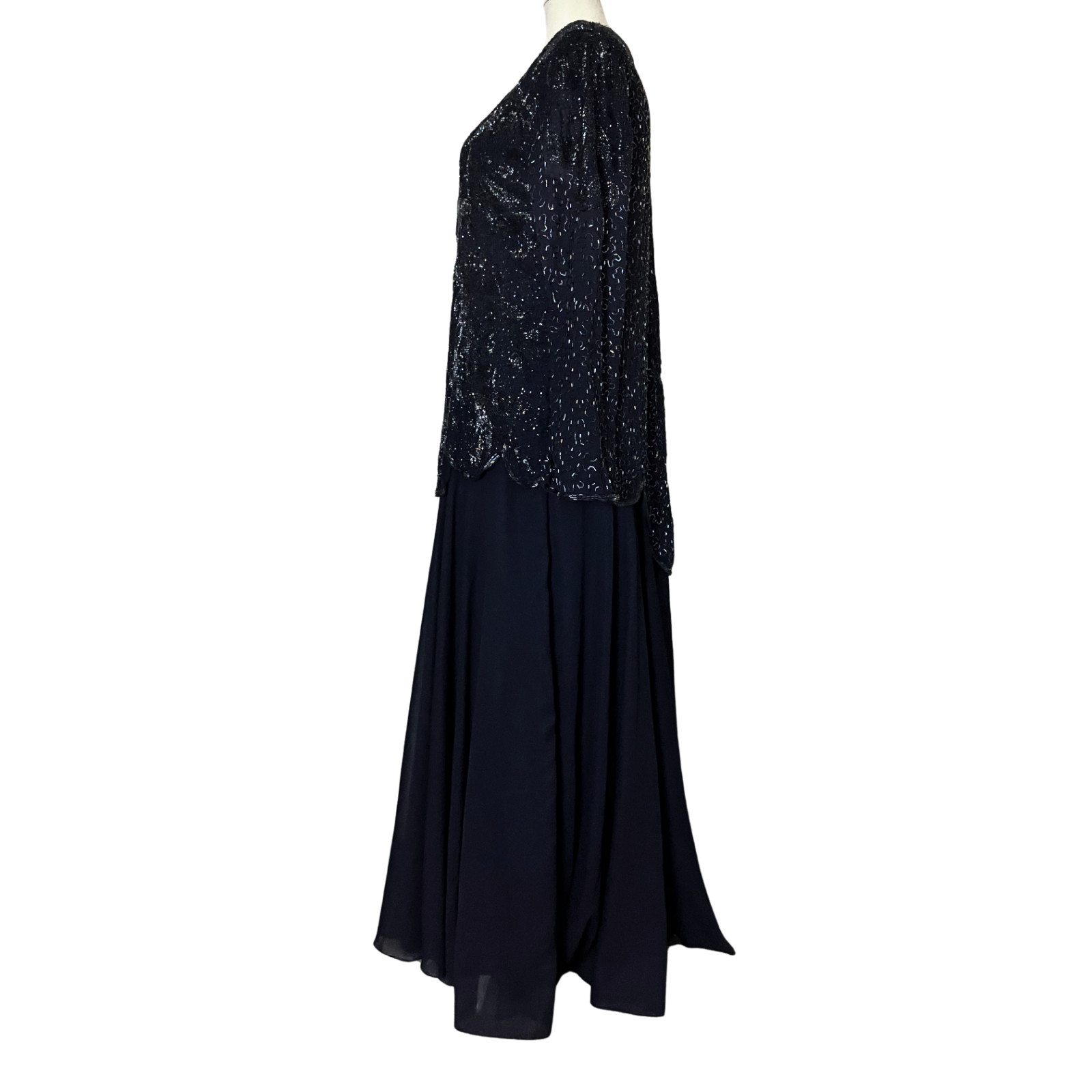 Vintage 80s 90s Navy Blue Beaded Formal Dress Long Sleeves. XL/XXL. Modest