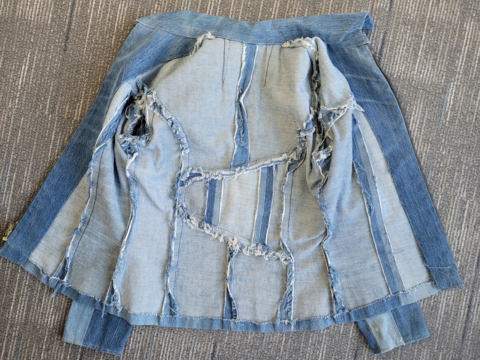1970s Patchwork hand sewn wide collared denim zipper front jacket